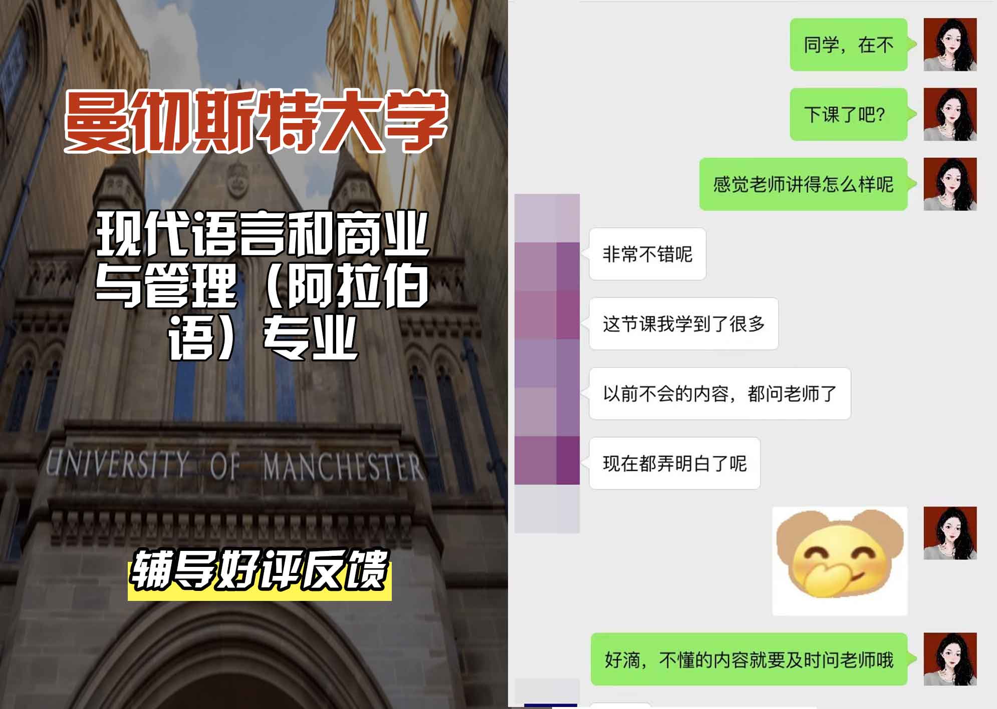 曼彻斯特大学曼大现代语言和商业与管理（阿拉伯语）辅导好评反馈