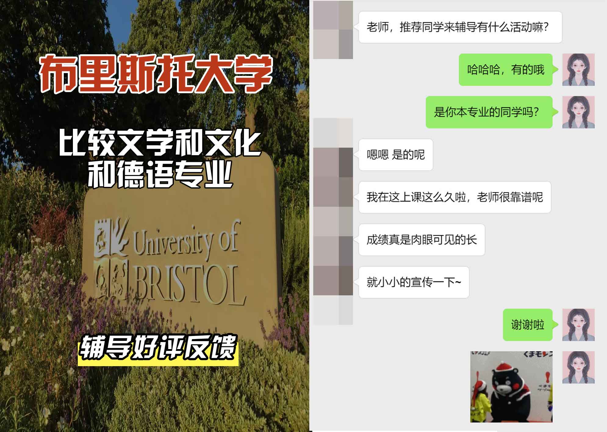 布里斯托大学布大比较文学和文化和德语辅导好评反馈