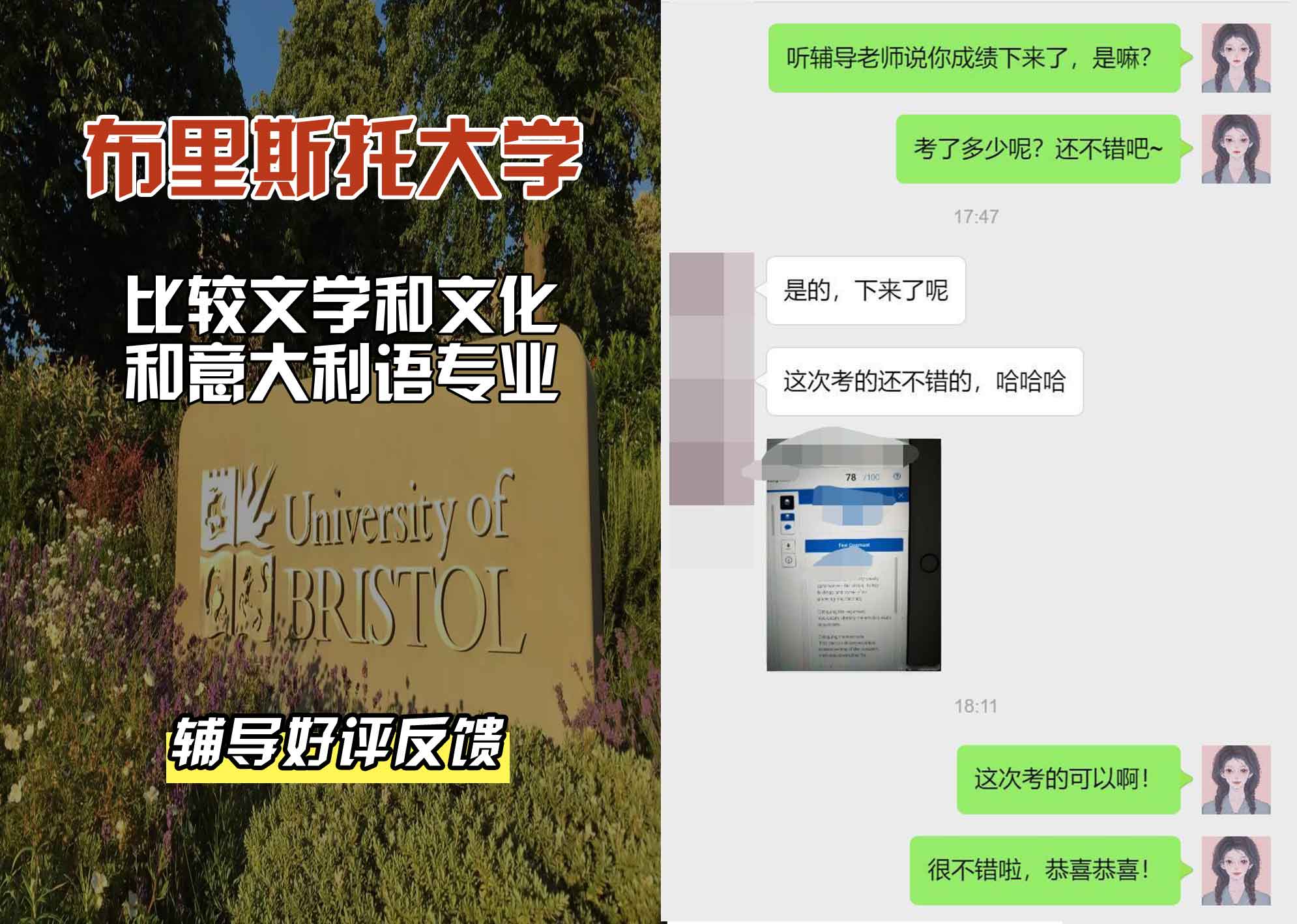 布里斯托大学布大比较文学和文化和意大利语辅导好评反馈