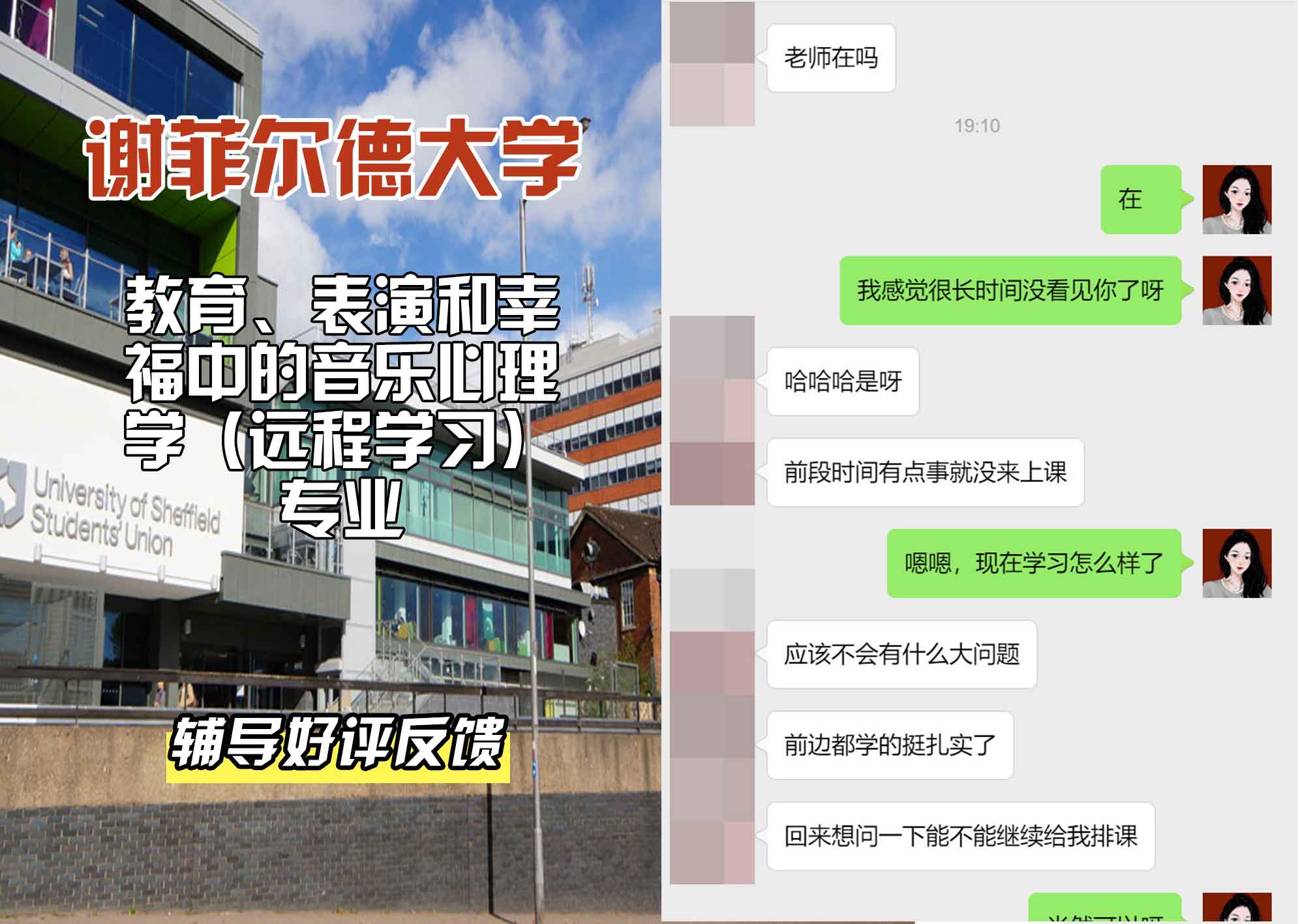 谢菲尔德大学谢大教育、表演和幸福中的音乐心理学（远程学习）辅导好评反馈