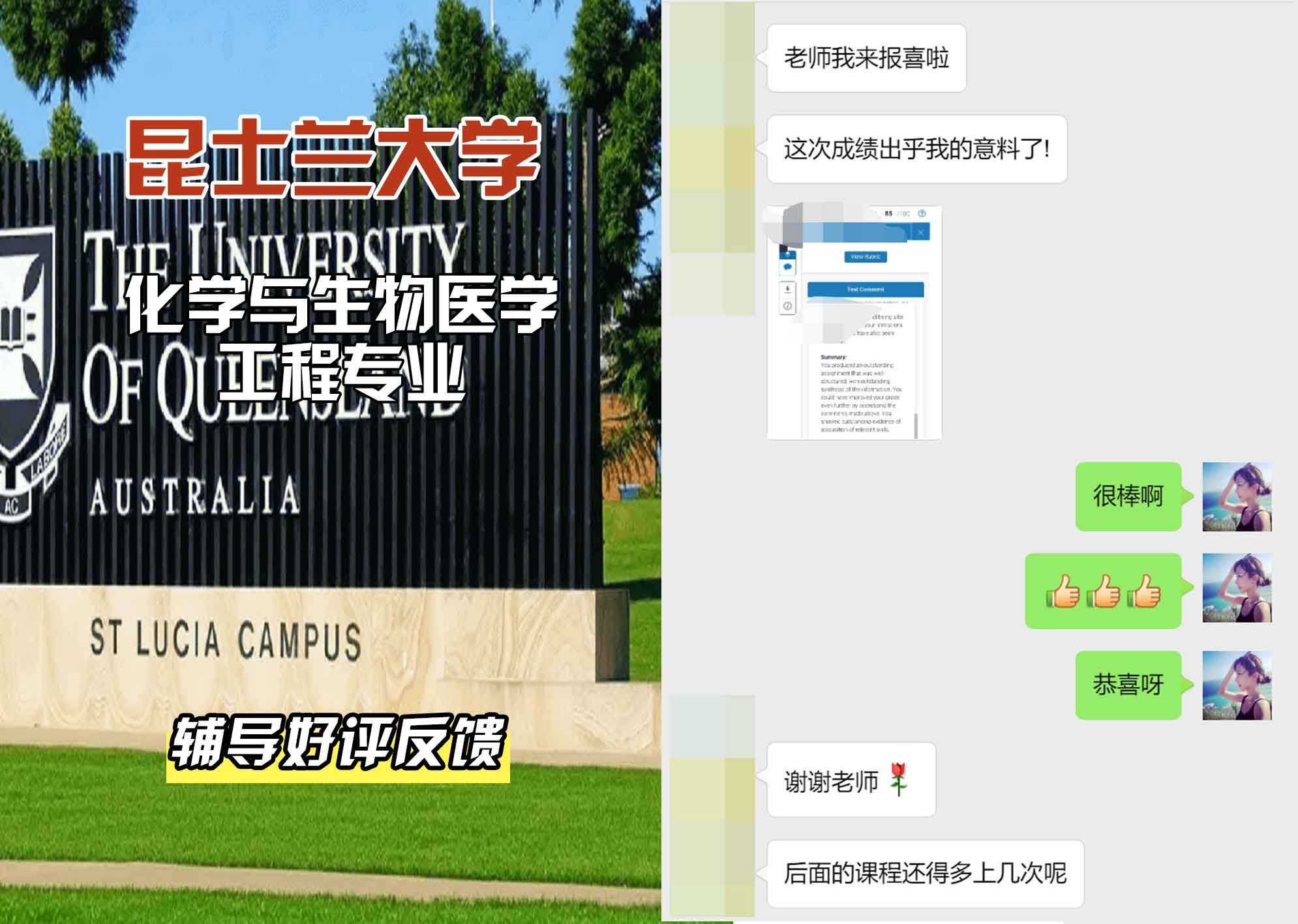 昆士兰大学UQ化学与生物医学工程辅导好评反馈