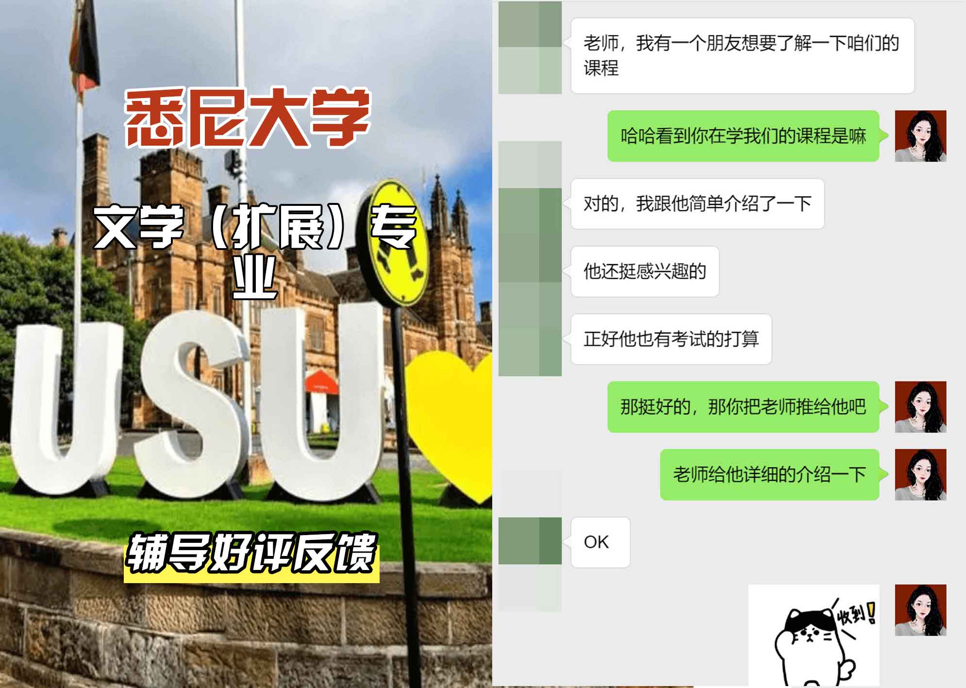 悉尼大学USYD文学（扩展）辅导好评反馈