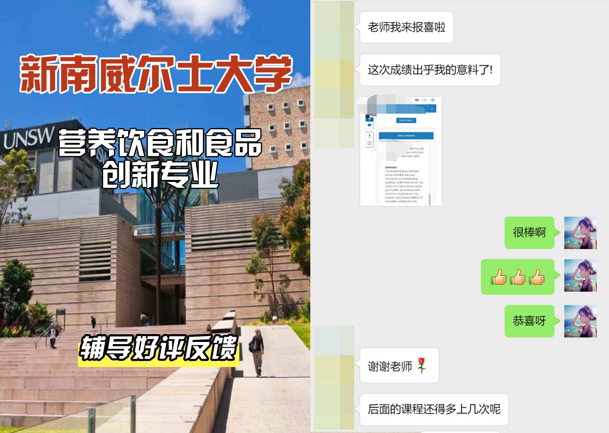 新南威尔士大学UNSW营养/饮食和食品创新辅导好评反馈