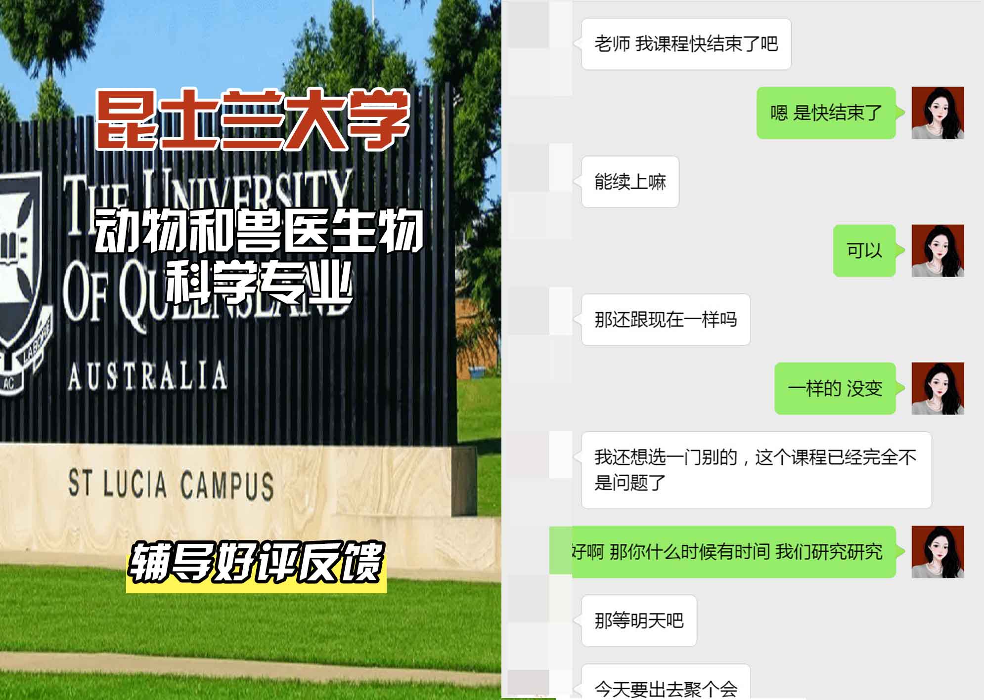 昆士兰大学UQ动物和兽医生物科学辅导好评反馈