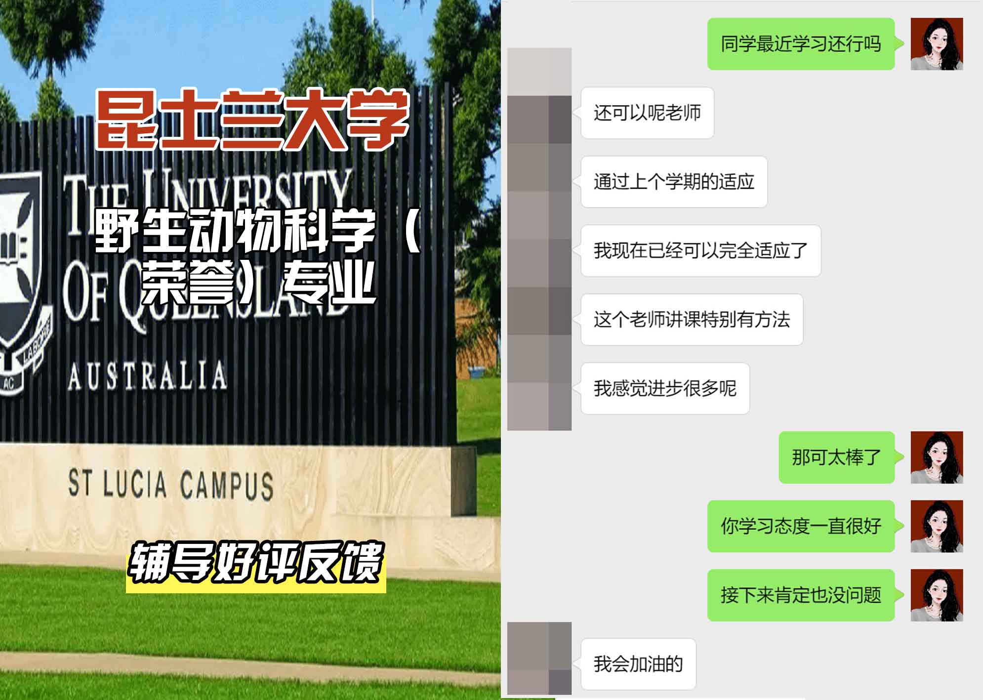 昆士兰大学UQ野生动物科学（荣誉）辅导好评反馈