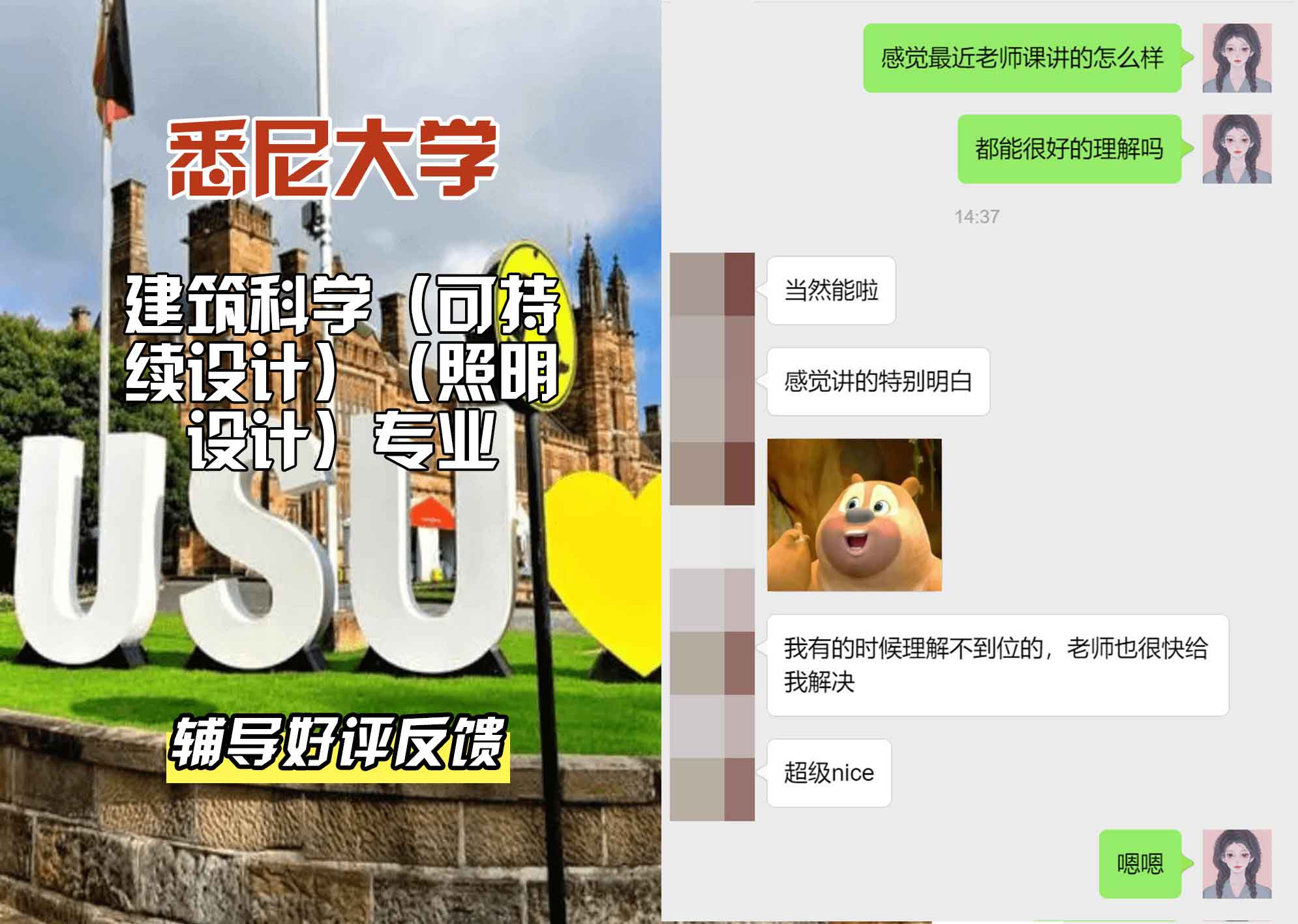 悉尼大学USYD建筑科学（可持续设计）（照明设计）辅导好评反馈