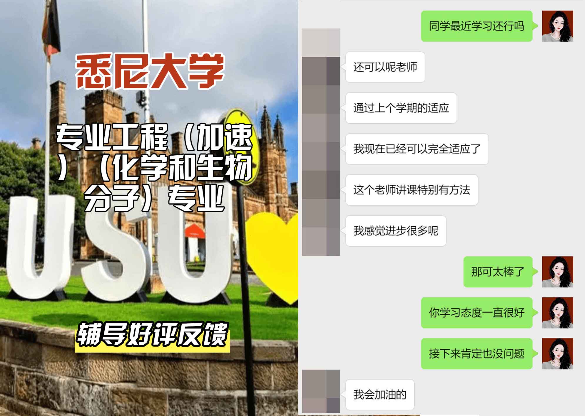 悉尼大学USYD专业工程(加速)(化学和生物分子)辅导好评反馈