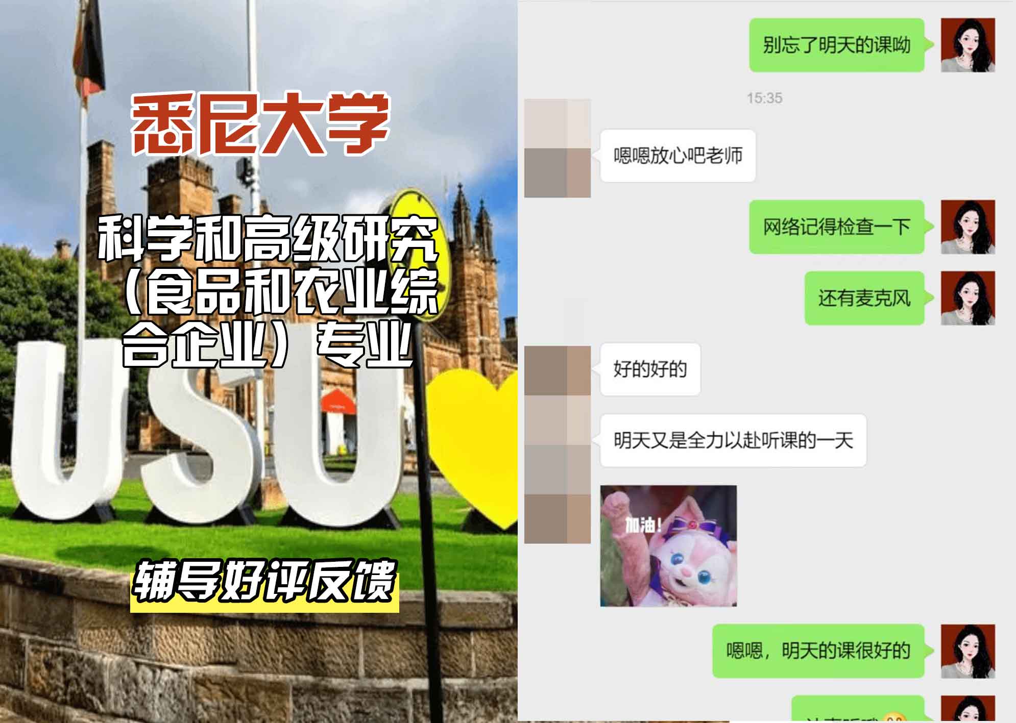 悉尼大学USYD科学和高级研究（食品和农业综合企业）辅导好评反馈
