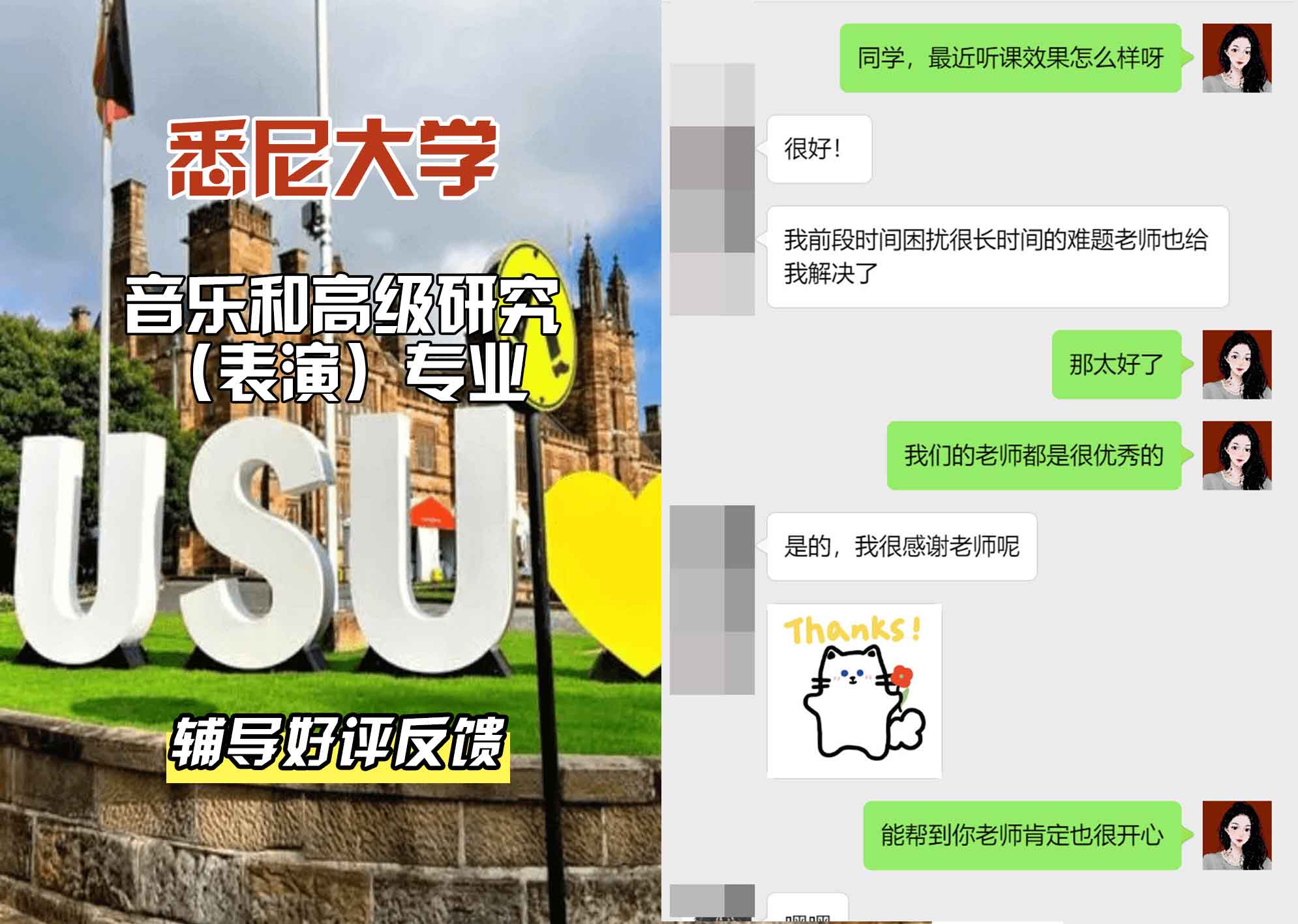 悉尼大学USYD音乐和高级研究（表演）辅导好评反馈