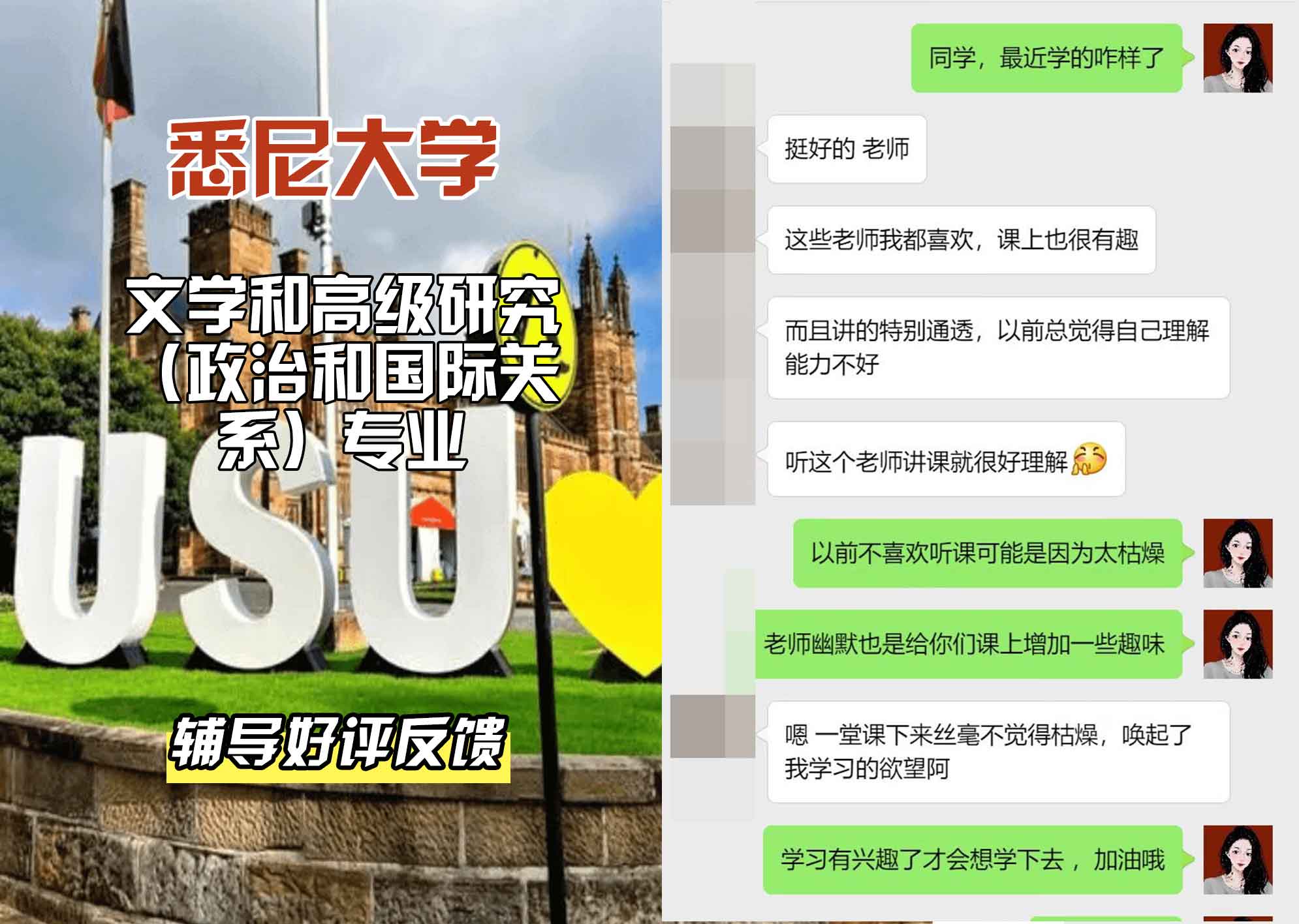 悉尼大学USYD文学和高级研究（政治和国际关系）辅导好评反馈