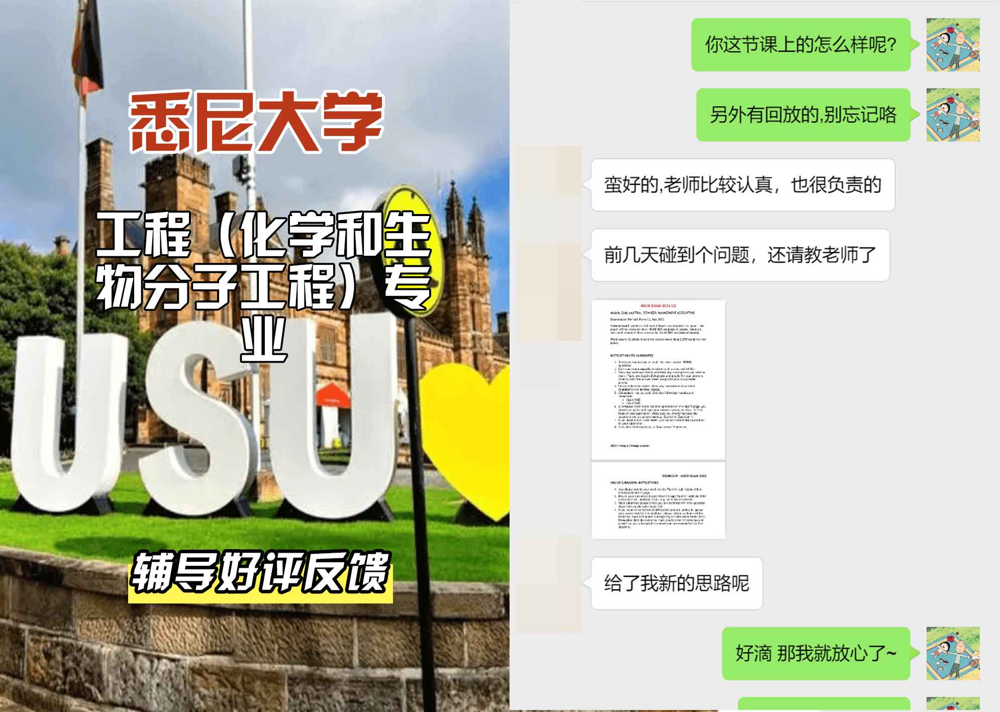 悉尼大学USYD工程（化学和生物分子工程）辅导好评反馈