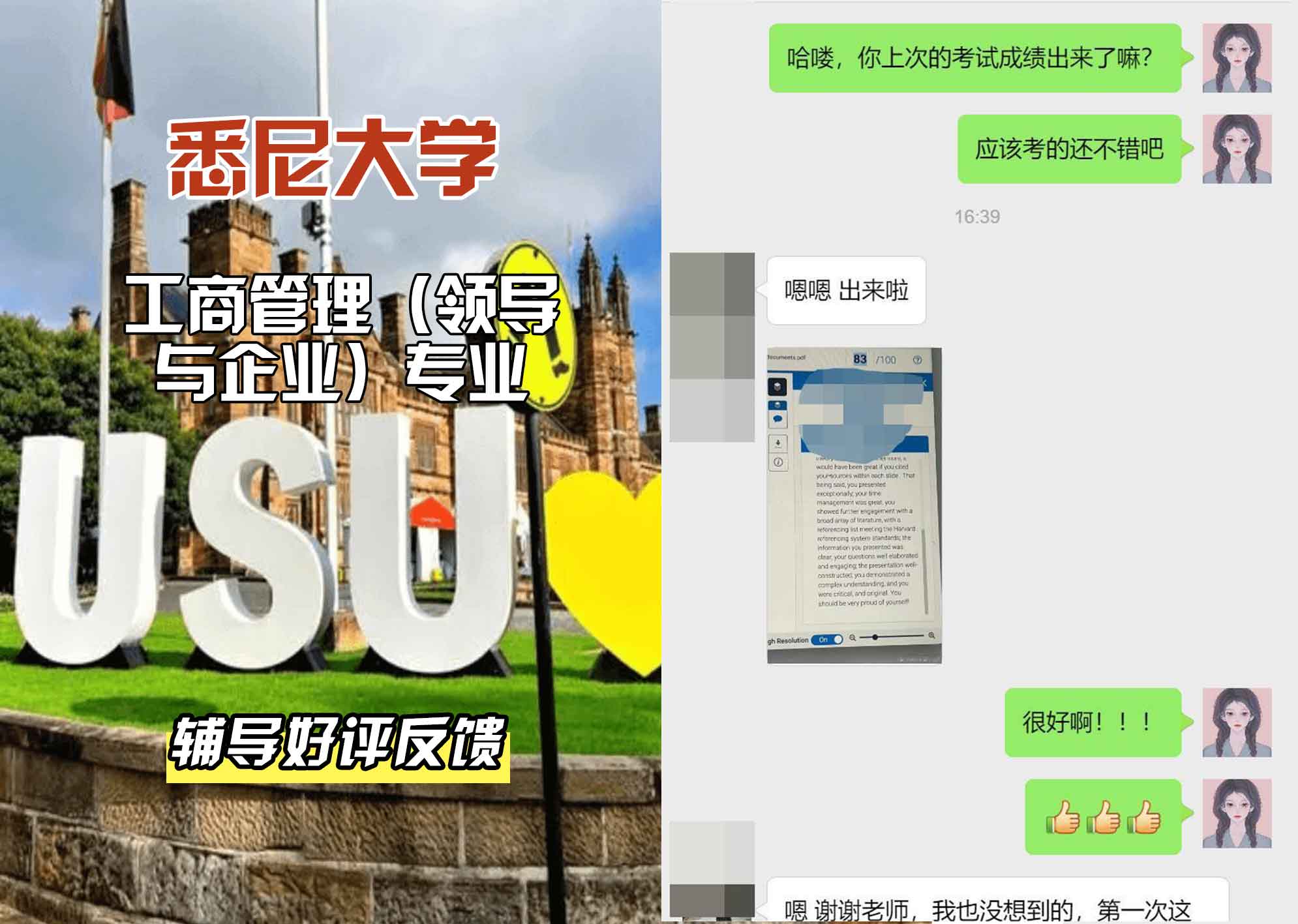 悉尼大学USYD工商管理（领导与企业）辅导好评反馈