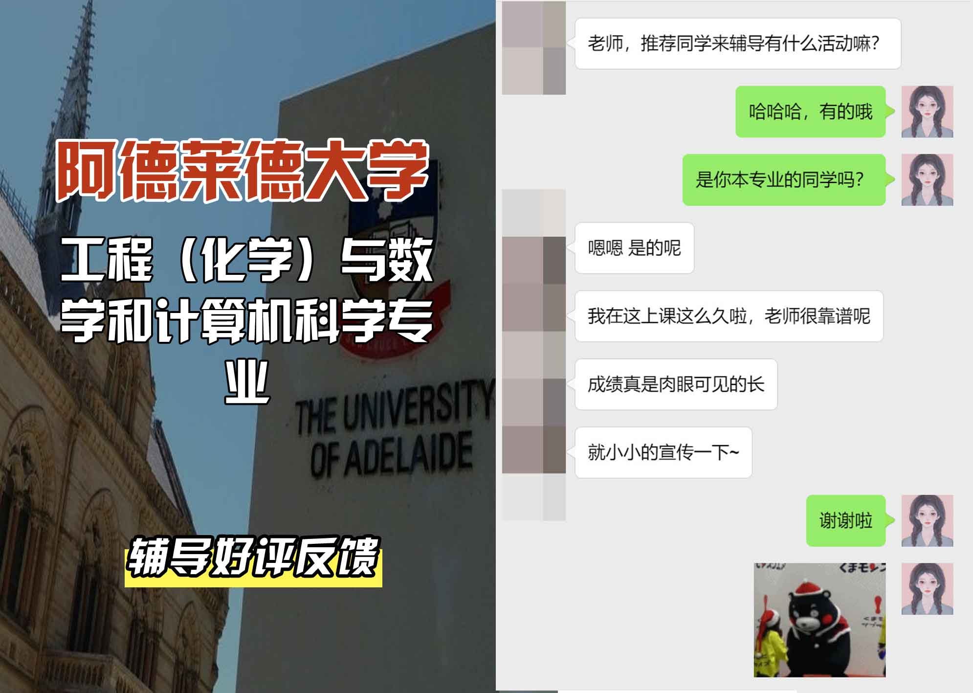 ADELAIDE阿大工程（化学）与数学和计算机科学辅导好评反馈