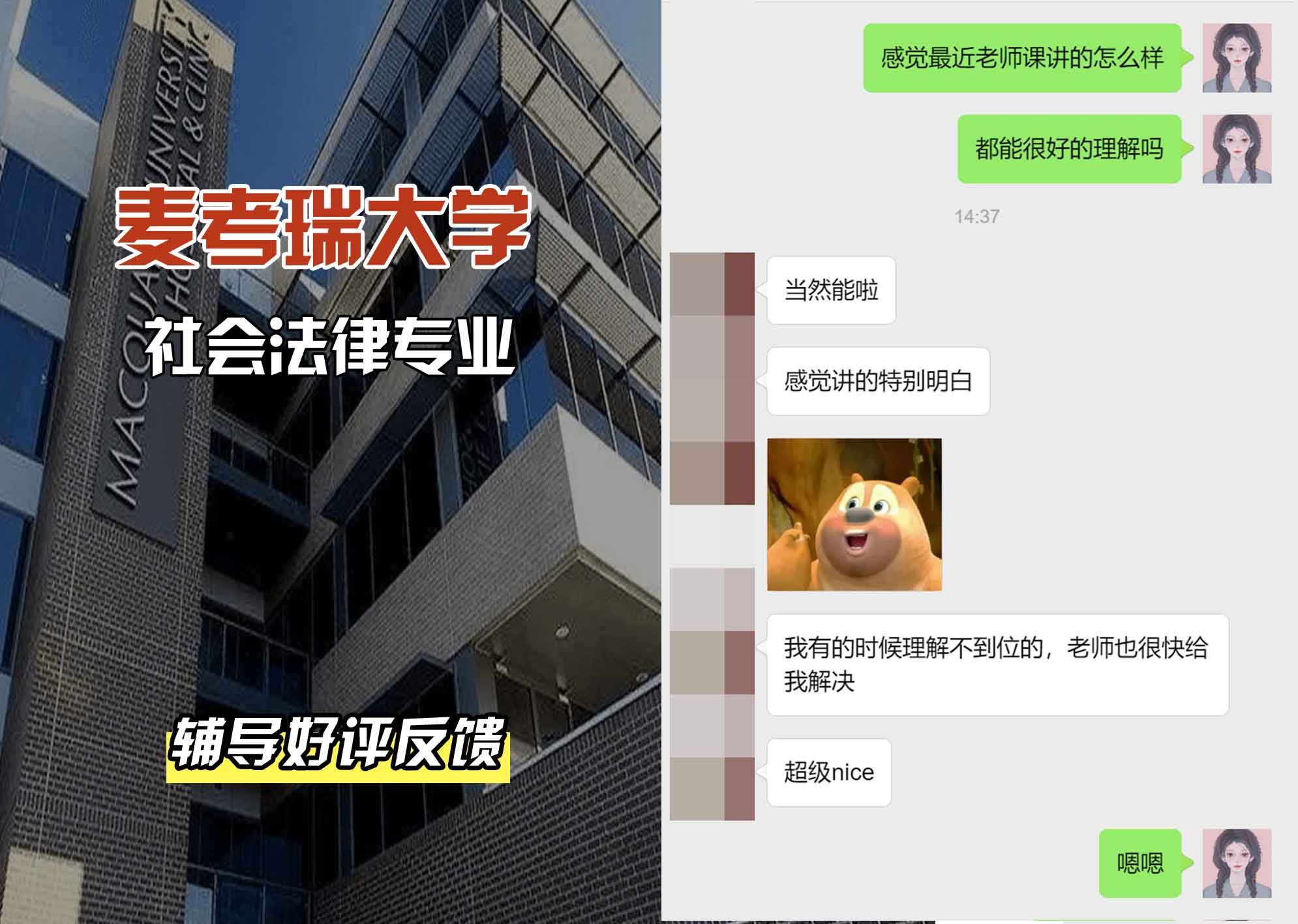 麦考瑞大学MQU社会法律辅导好评反馈